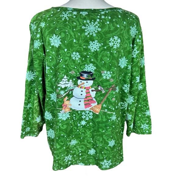 Collections Etc. Holiday Shirt Women Size XL Green Snowman Sequin Snowflake Top - Picture 3 of 12